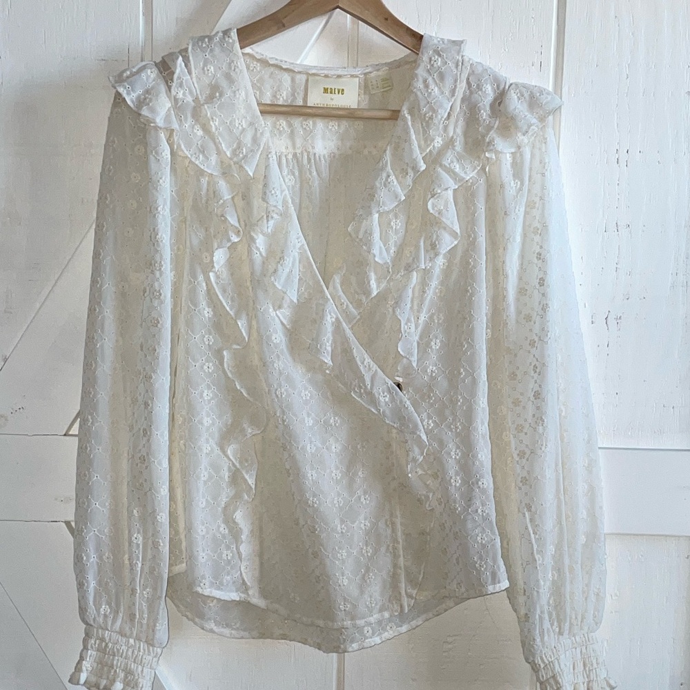 Anthropologie White Lace Ruffle Blouse